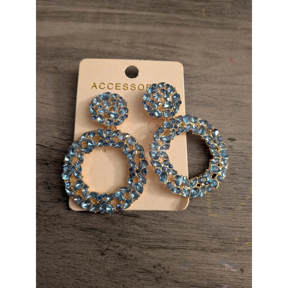 ACCESSORIES Light Blue Crystal Round Double Drop Earrings Gold Tone Sparkly